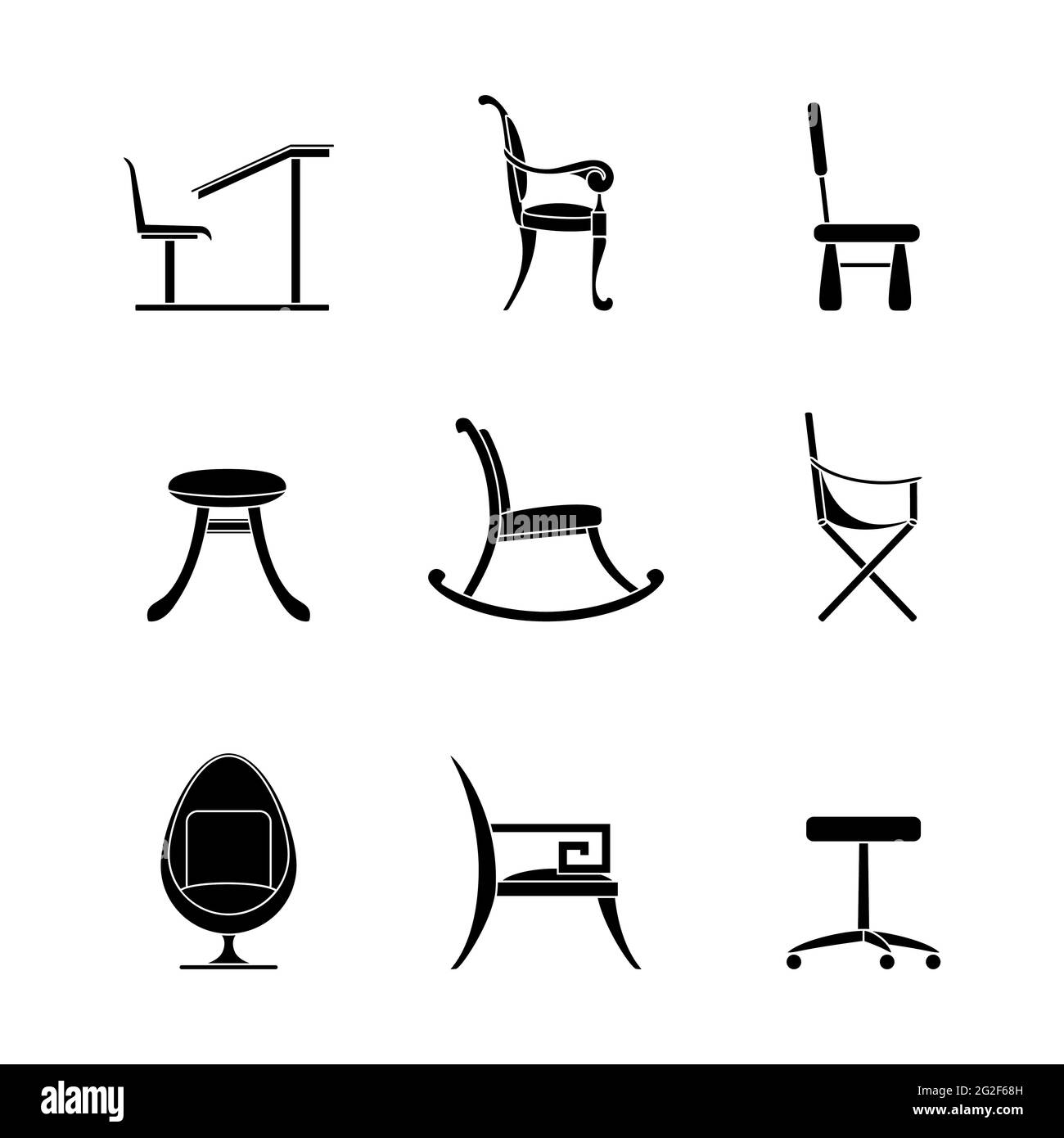 Stühle Glyphen Symbole gesetzt . Verschiedene Optionen für Stühle und Sessel. Schwarze Umrisse von Innenräumen auf weißem Hintergrund isoliert. Leitrechner, ch Stock Vektor