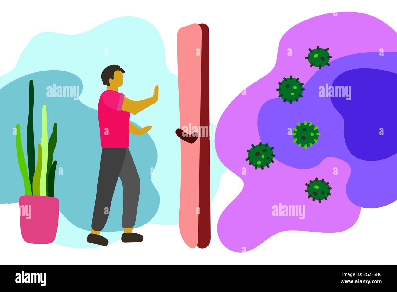 „Stay Home“-Konzept. Der isolierte Mensch ist vor Infektionen, dem Coronavirus, geschützt. Charakter mit erhobenen Händen ein Stopp-Covid-19-Symbol auf flüssigem Hintergrund. Stock Vektor