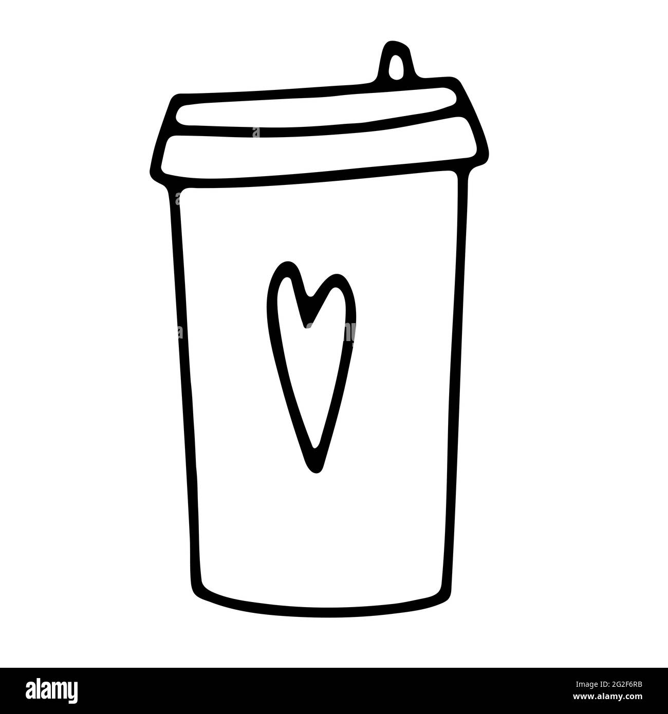 Doodle Coffee to go Tasse. Nettes heißes Getränk isoliert auf weißem Hintergrund. Umriss Tee, Latte, Cappuccino, Americano, Take Away Becher mit Herz, Deckel. Vect Stock Vektor