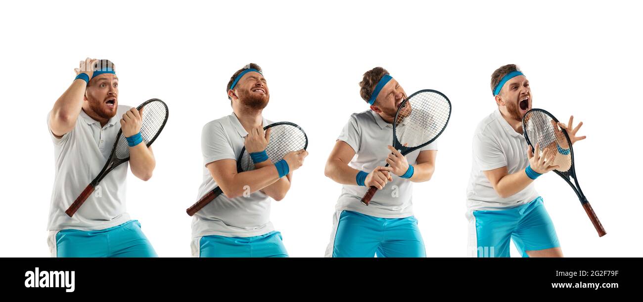 Wütend. Stark gespannt Spiel. Lustige Emotionen des professionellen Tennisspielers auf weißem Studiohintergrund isoliert. Stockfoto