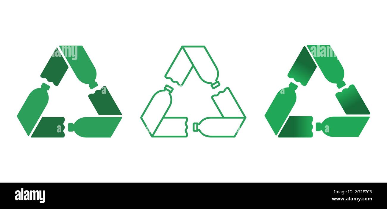 Grünes Recycling-Symbol mit drei Plastikflaschen. Recycling-Konzept für Kunststoffflaschen. Mobius-Schleife mit Pfeilen. Umweltfreundliche wiederverwendbare PET.Vector Stock Vektor