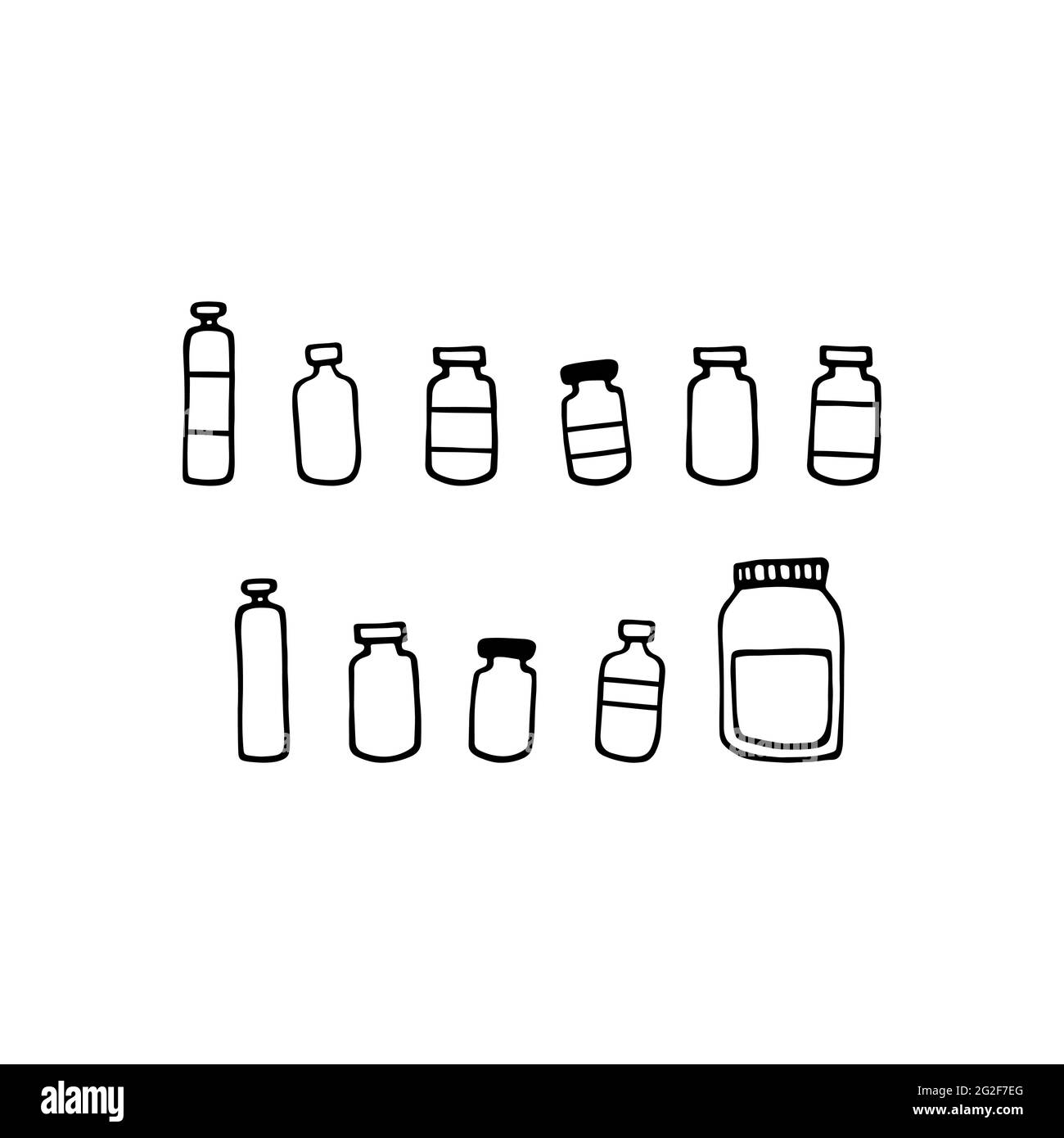 Set aus Medikamentenbehälter. Doodle Flaschen für verschiedene Formen. Vektor-Illustration mit pharmazeutischer handgezeichneter Medizin isoliert auf weißem Backgro Stock Vektor