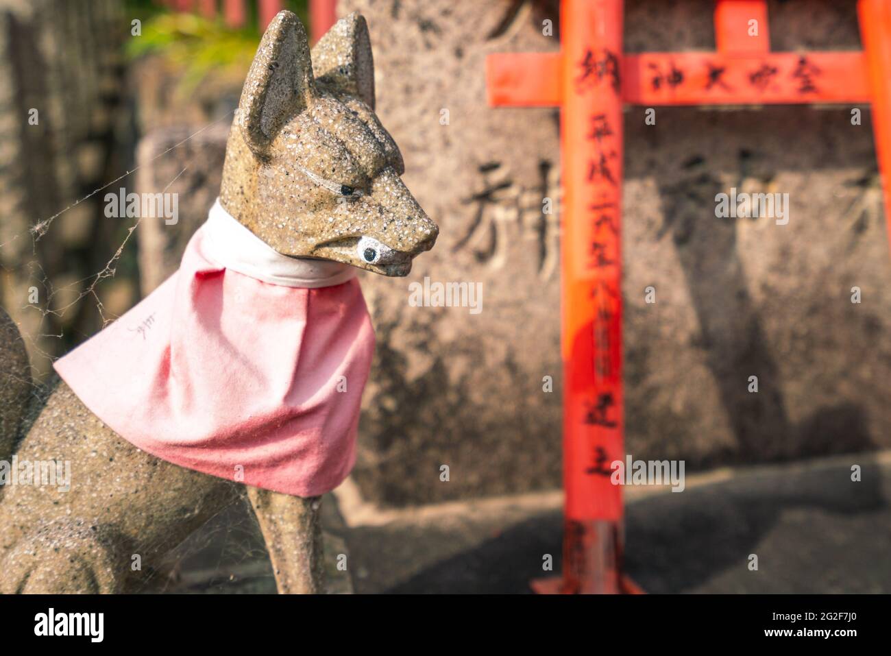 Kyoto, Japan - 05.19.2019: Eine steinerne Statue eines Hundes mit Augapfel im Mund und einem rosa Halstuch auf einem Grabstein auf einem Friedhof in Kyoto Stockfoto