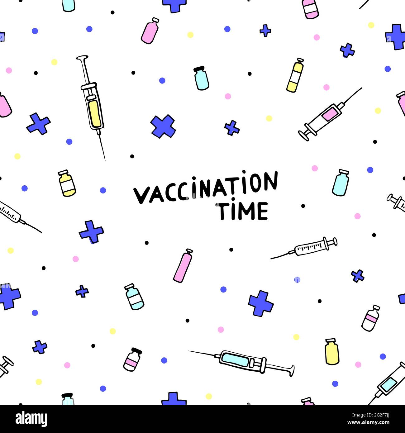 Impfzeit. Nahtloses medizinisches Doodle-Muster. Influenza, Krankheit, Krankheitsvorbeugung, Gesundheitsversorgung. Vektorgrafik mit pharmazeutischer Hand-d Stock Vektor