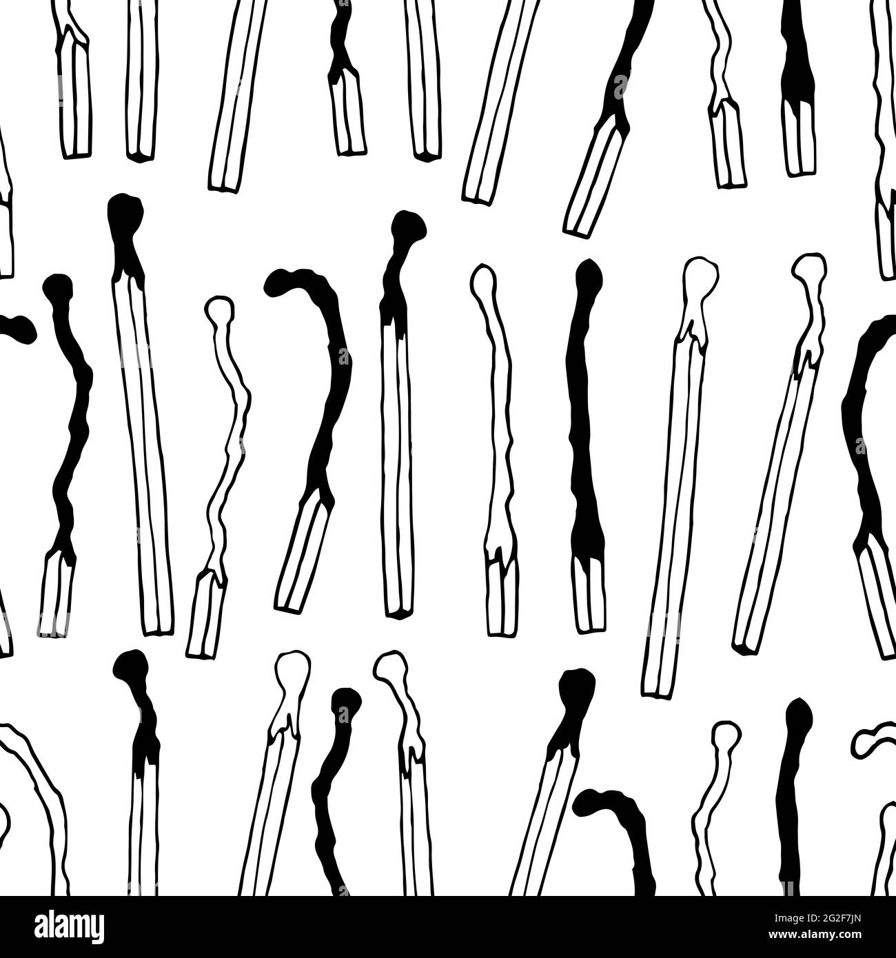 Nahtlose Doodle-Vektor-Sicherheit entspricht Muster. Holzverbrannte, verkohlte Streichhölzer isoliert auf weißem Hintergrund. Minimalistisches Streichholzsymbol von Igni Stock Vektor