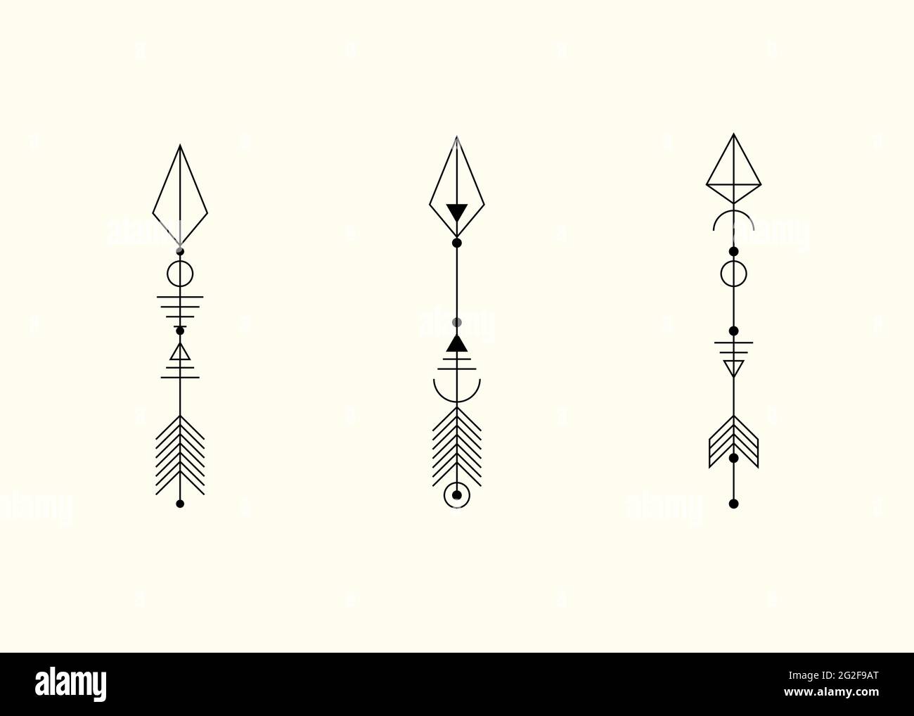 Set von grafischen Pfeilen für Tattoo-Design. Vektor-Minimalismus, heilige Geometrie, Hipster Design-Elemente. vektor-Kunst, Clipart. Abstrakt Mystische Geometrische Stock Vektor