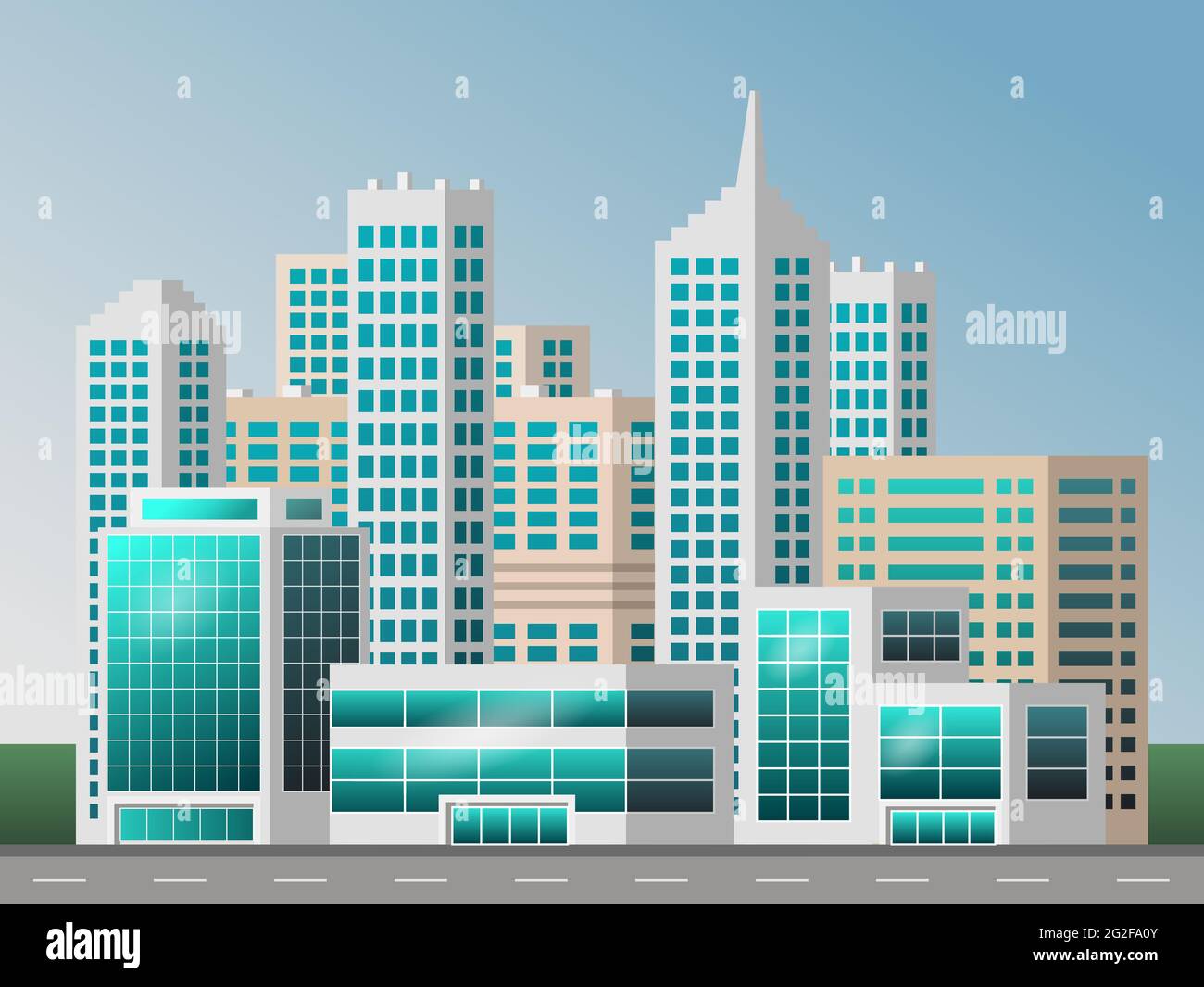 Urbane Landschaft mit großen modernen Gebäuden. Schicke Stadt, Business Center, Wolkenkratzer Häuser. Für Stadtbild-Hintergrund, Konzept oder Metropolenszene. Flach Stock Vektor