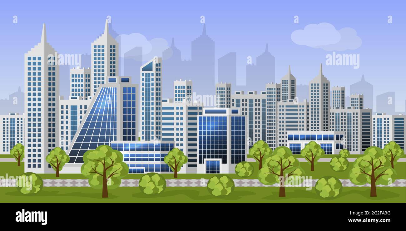 Städtischer Landschaftshintergrund. Moderne Öko-City-Straße mit Bürogebäuden, Häusern und Wolkenkratzern. Frühlingsbäume und Sträucher, Stadtbild für Auto Stock Vektor