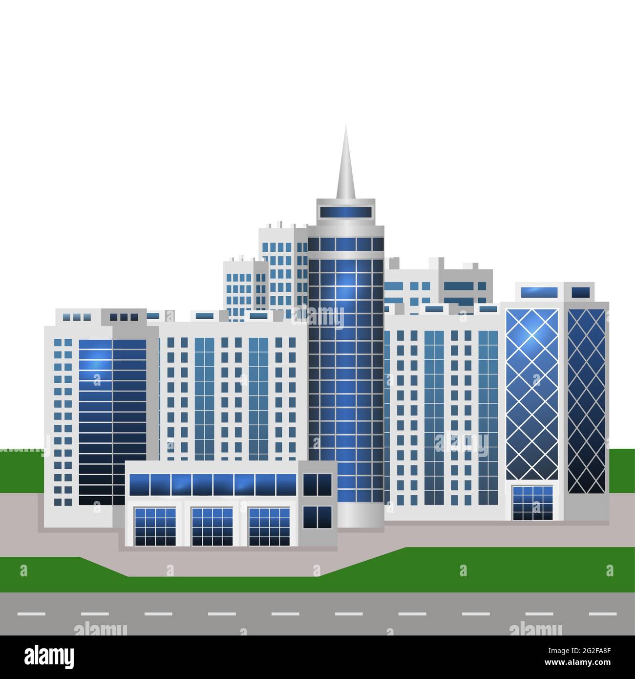 Urbane Landschaft mit großen modernen Gebäuden. Schicke Stadt, Business Center, Wolkenkratzer Häuser. Für Stadtbild-Hintergrund, Konzept oder Metropolenszene. Flach Stock Vektor