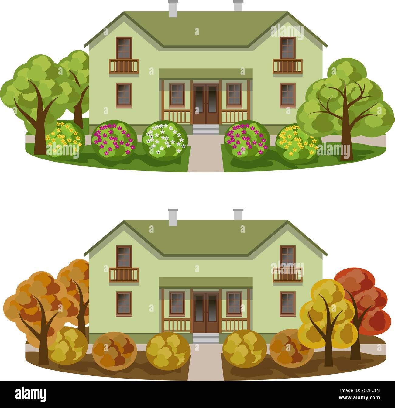 Set von Häusern in erfahrenen Gartenlandschaft. Herrenhaus, Herbst- und Sommergarten mit bunten Bäumen und Sträuchern mit Blumen. Vektorgrafik. Stock Vektor