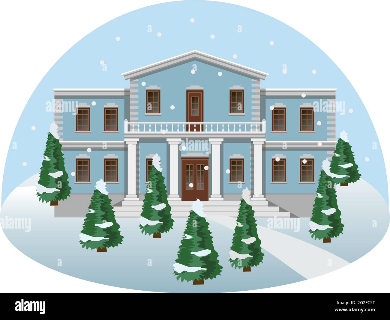 Herrenhaus in Winterlandschaft, Vorderansicht. Cartoon bunte Szene mit Herrenhaus und Bäumen im Schnee. Vektorgrafik Stock Vektor