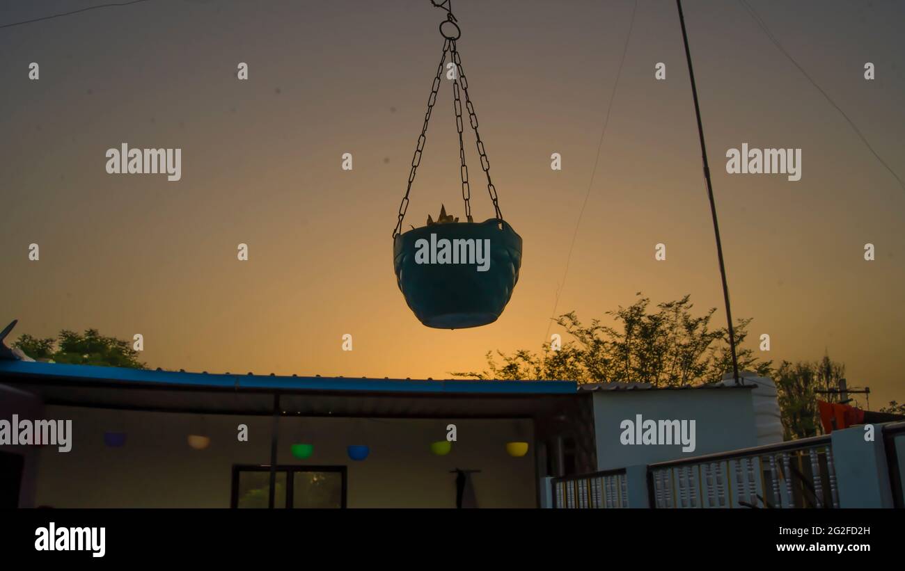 Hängen in blauen Kunststoff-Topf im Haus isoliert auf Sonnenuntergang Hintergrund enthalten Clipping Pfad. Stockfoto