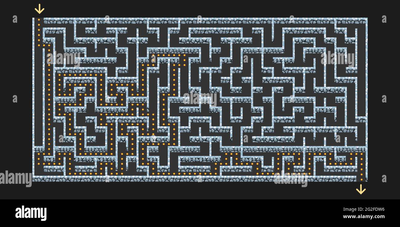 3D Labyrinth, Labyrinth mit Steinwänden und Lösungsweg. Spiel-Level-Design für Dungeon Flucht oder Kinder Puzzle-Spiel Asset. Draufsicht. Vektorgrafiken Stock Vektor