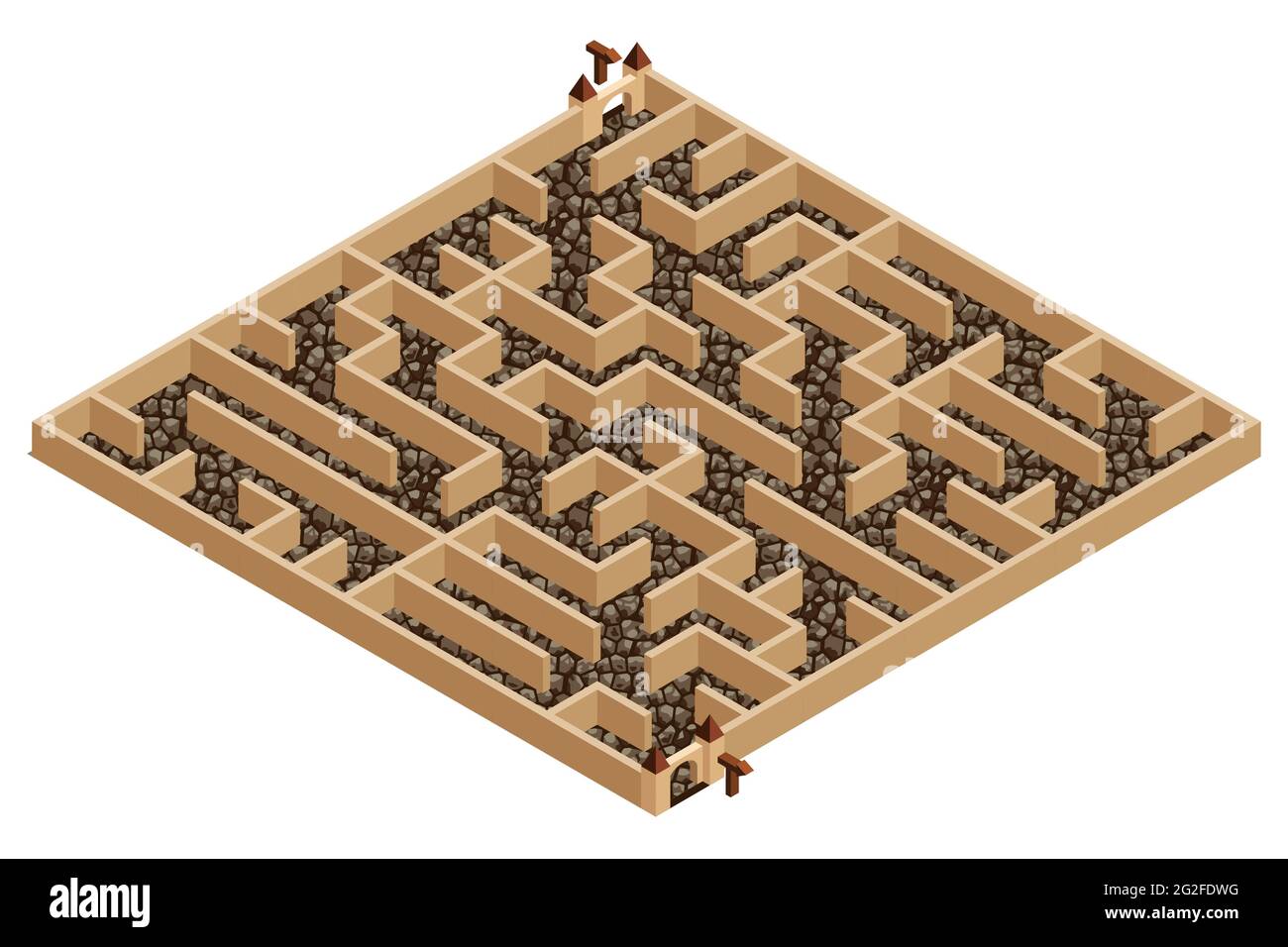 3d-Labyrinth, isometrisches Labyrinth. Stadt oder Schloss Labyrinth mit Mauern und Toren. Vektor-Illustration für Puzzle oder Escape Spiel Ebene Design Asset. Stock Vektor