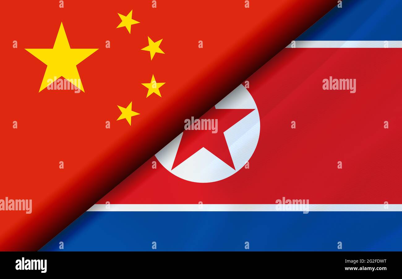 Die Flaggen Chinas und Nordkoreas teilten sich diagonal. 3D-Rendering Stockfoto