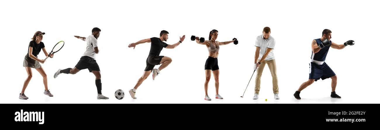 Sport-Collage. Tennis, Boxen, Fußball, Fitness, Golf, Männer und Frauen in  Bewegung laufen Stockfotografie - Alamy