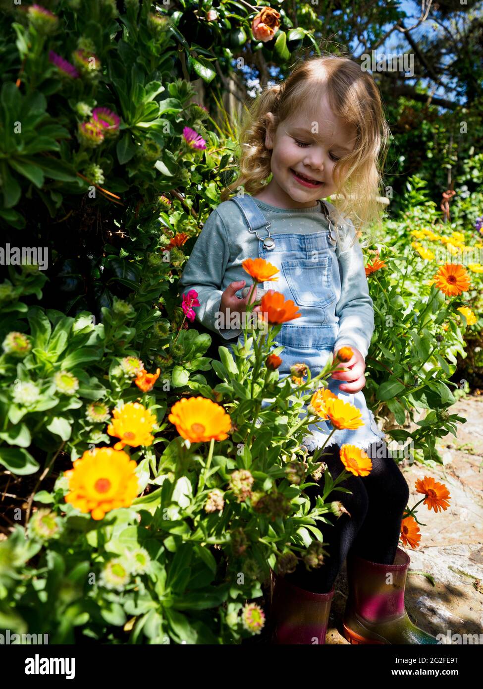 Glückliches junges Mädchen unter den Blumen, Devon, Großbritannien Stockfoto