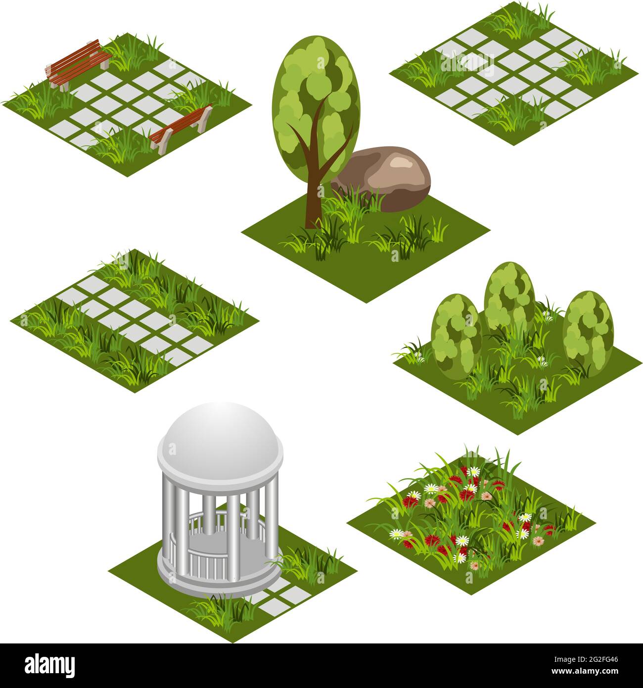 Garten isometrisches Fliesenset. Isolierte isometrische Fliesen zur Gestaltung der Gartenlandschaft. Cartoon- oder Spielanlage mit Gras, Bäumen, Blumen, gepflasterten Spaziergängen, Stock Vektor