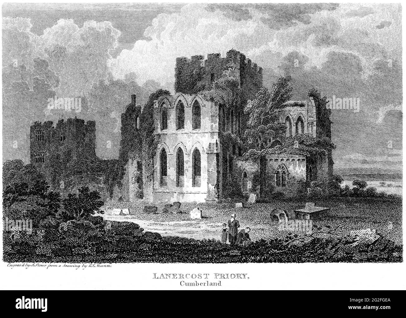 Ein Stich von Lanercost Priory, Cumberland, gescannt in hoher Auflösung aus einem Buch, das 1812 gedruckt wurde. Für urheberrechtlich frei gehalten. Stockfoto