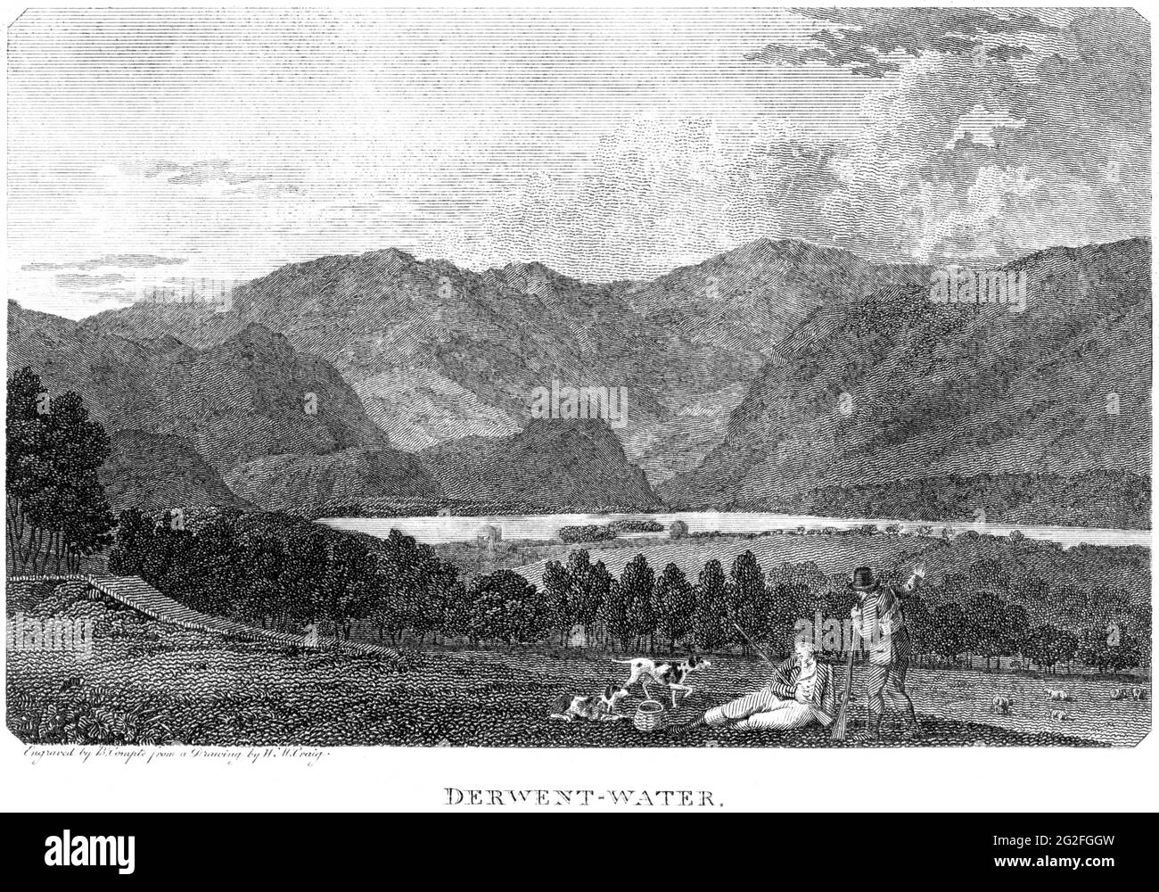 Ein Stich von Derwentwater, Cumberland, scannte mit hoher Auflösung aus einem Buch, das 1812 gedruckt wurde. Für urheberrechtlich frei gehalten. Stockfoto