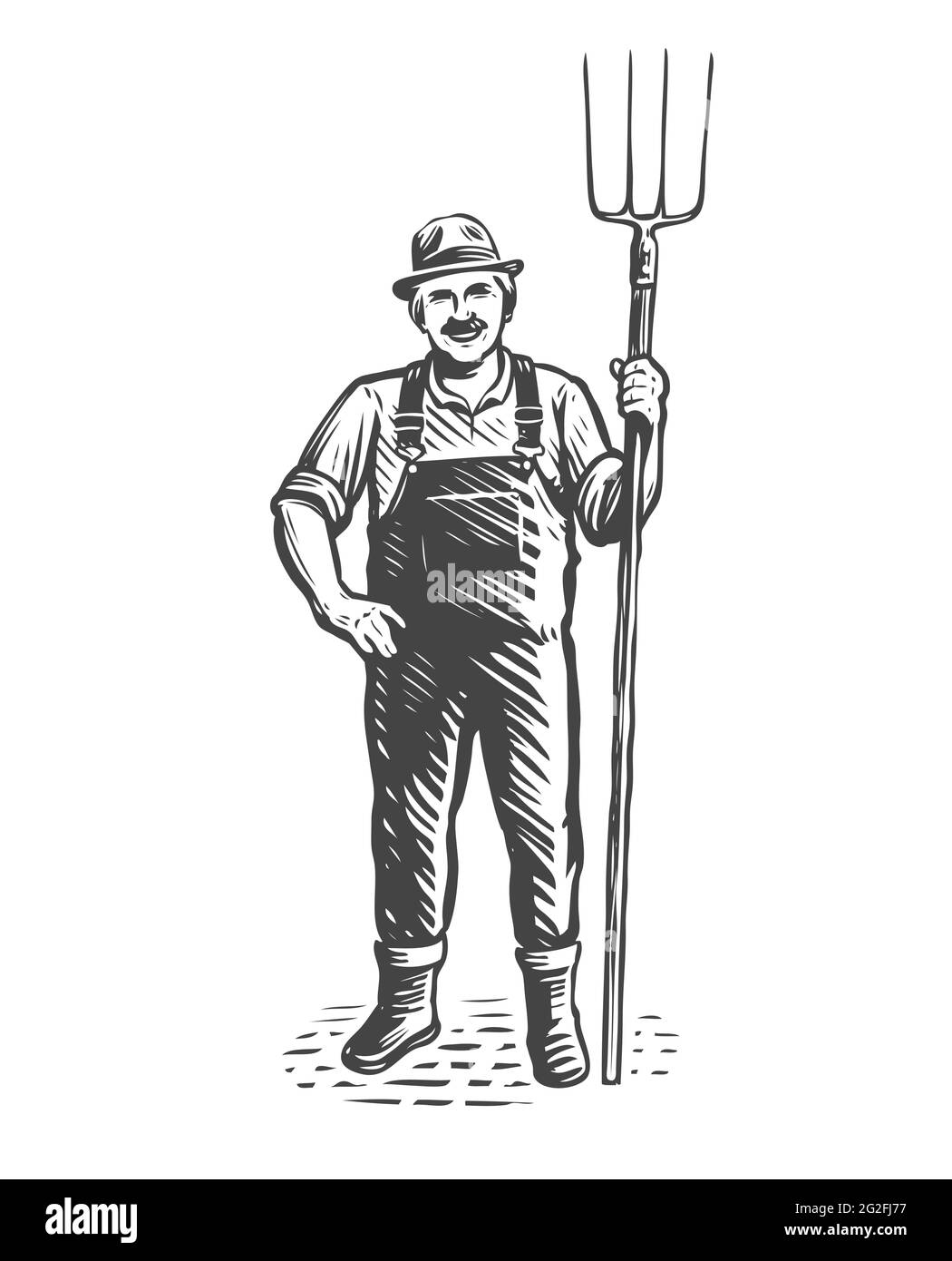 Farmer mit Pitchfork-Skizze. Landwirtschaft, Landwirtschaft Konzept. Vintage-Vektorgrafik Stock Vektor