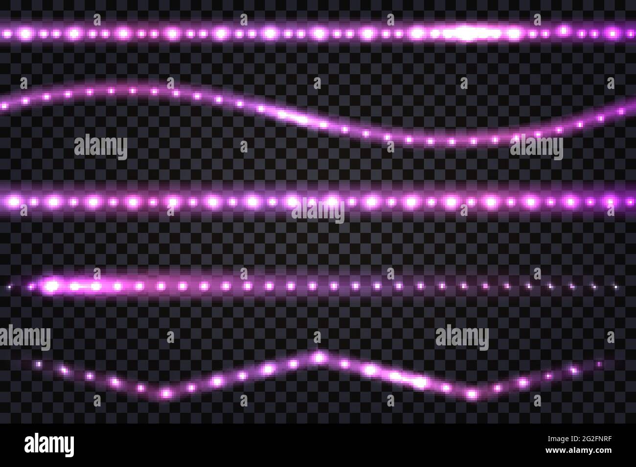 LED-Licht Girlanden mit violettem Neon-Glow-Effekt, mit Glitzerlicht-Set aus Linien, beleuchteten Streifen und Wellen, isolierten Bändern auf transparentem Backgr Stock Vektor