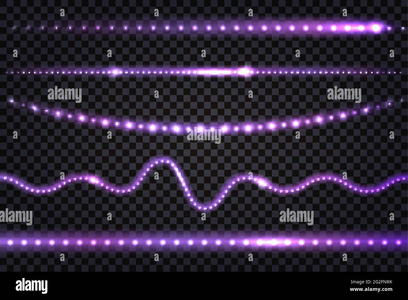 LED-Licht Girlanden mit violettem Neon-Glow-Effekt, mit Glitzerlicht-Set aus Linien, beleuchteten Streifen und Wellen, isolierten Bändern auf transparentem Backgr Stock Vektor