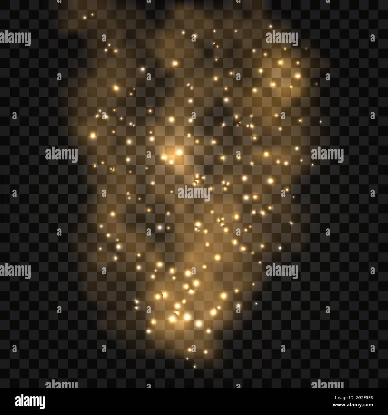 Abstrakter fraktaler Goldrauch mit hellem Leuchteffekt, glänzenden Partikeln, Sternschimmer. Goldenes foq auf dunklem transparenten Hintergrund. Vektorgrafik. Stock Vektor