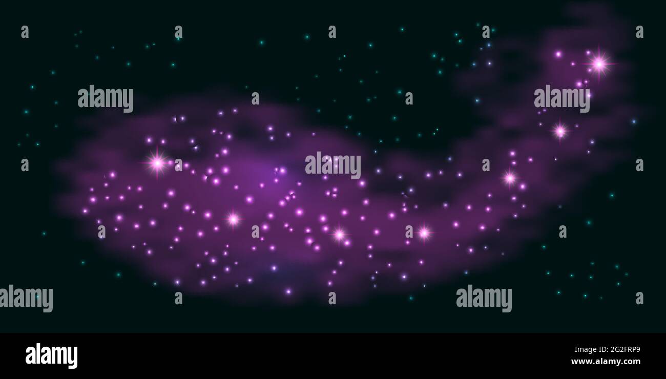 Abstrakter Galaxienhintergrund mit violettem Rauch und glänzenden Sternen. Nebel, funkelt, glühender Effekt, Nebel. Vektorgrafik Stock Vektor