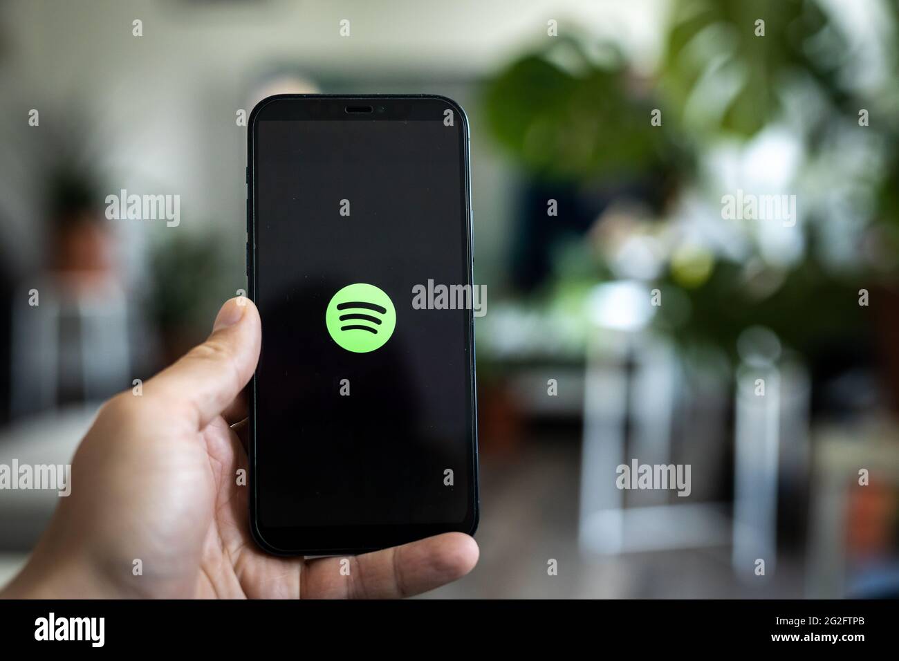 Spotify-App wird geöffnet, wie auf einem Telefonbildschirm angezeigt Stockfoto