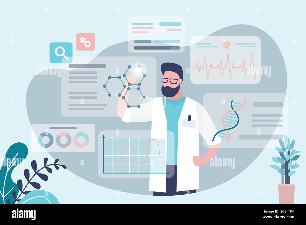 Wissenschaftler betreibt pharmazeutische Forschung. Apotheker, der ein neues Medikament entwickelt. Verschiedene Grafiken und Statistiken vor dem Arzt. Konzept der Pharmazie, ich Stock Vektor