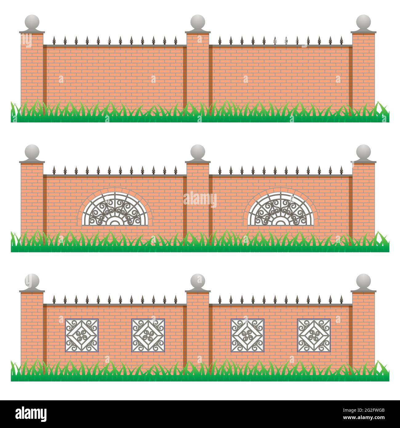 Satz von Herrenhaus- oder Gartenzäunen. Gemauerter Stein und dekorativer Eisengitter. Als Elemente für die Szenenerstellung verwenden. Objekte auf weißem Hintergrund isoliert, vecto Stock Vektor
