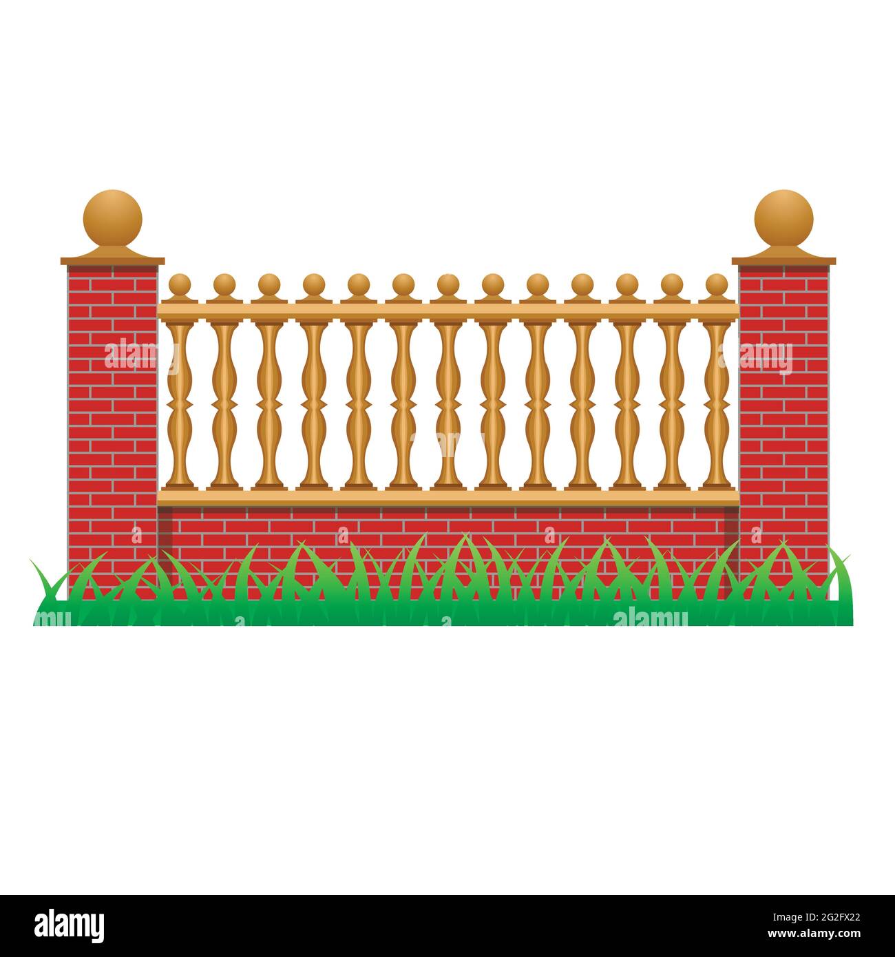 Ziegelzaun mit Balustern dekoriert. Element zur Verwendung in Herrenhaus, Haus oder Garten Zaun. Isoliertes Objekt auf weißem Hintergrund. Vektorgrafik Stock Vektor