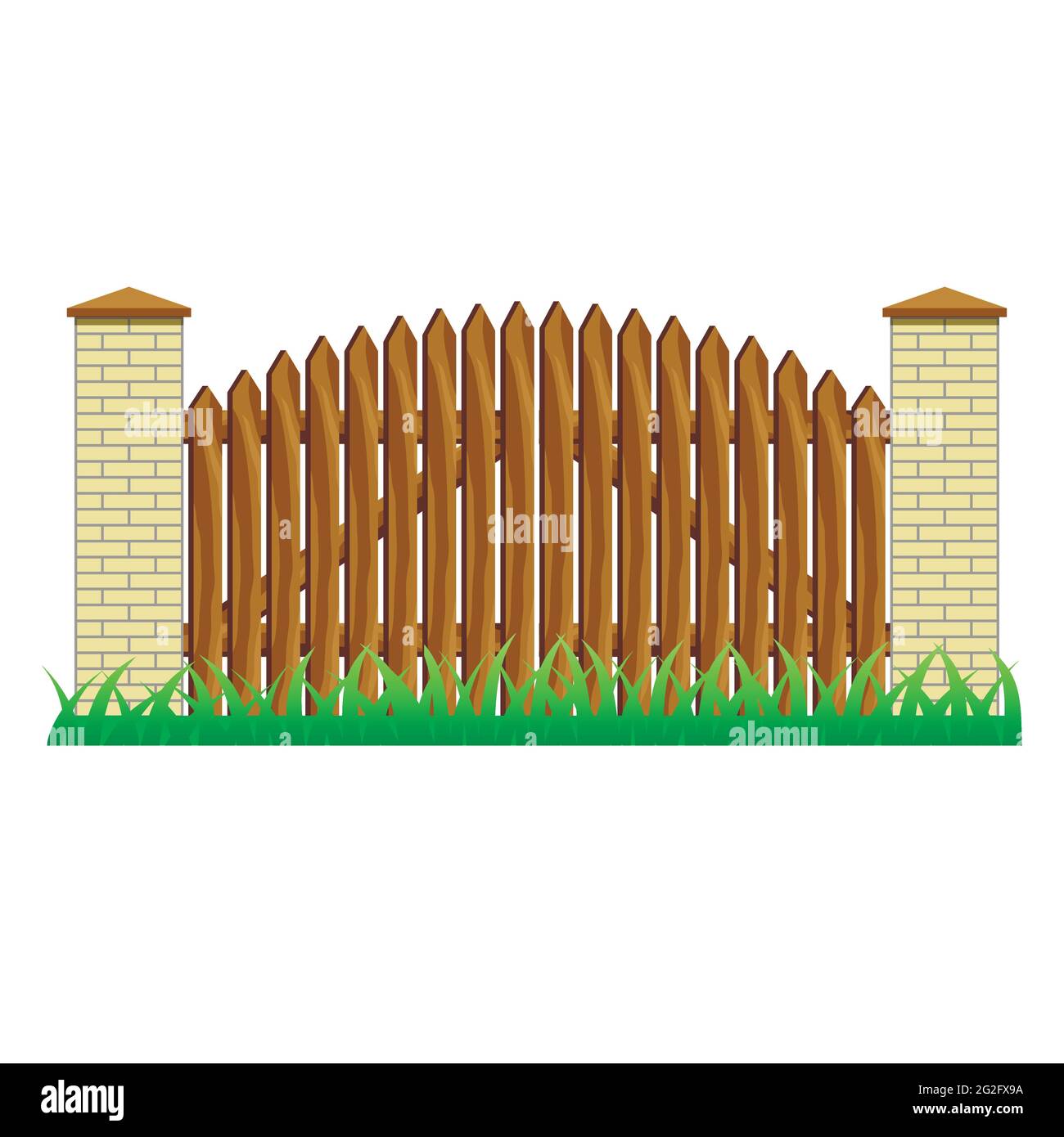 Zaun mit Ziegelsäulen und Holztor. Element zur Verwendung in Herrenhaus, Bauernhof oder Gartenzaun. Isoliertes Objekt auf weißem Hintergrund. Vektorgrafik Stock Vektor