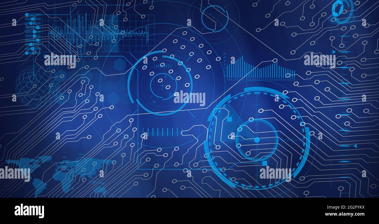 Zusammensetzung der Scopes, digitale Datenverarbeitung und Computerplatine Stockfoto