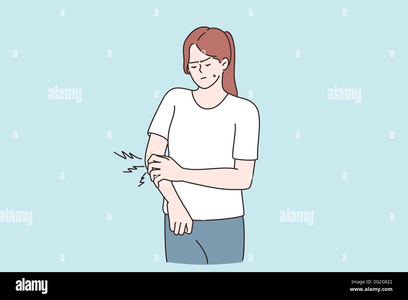 Juckende Haut und Allergiekonzept. Junge unzufrieden Mädchen Cartoon