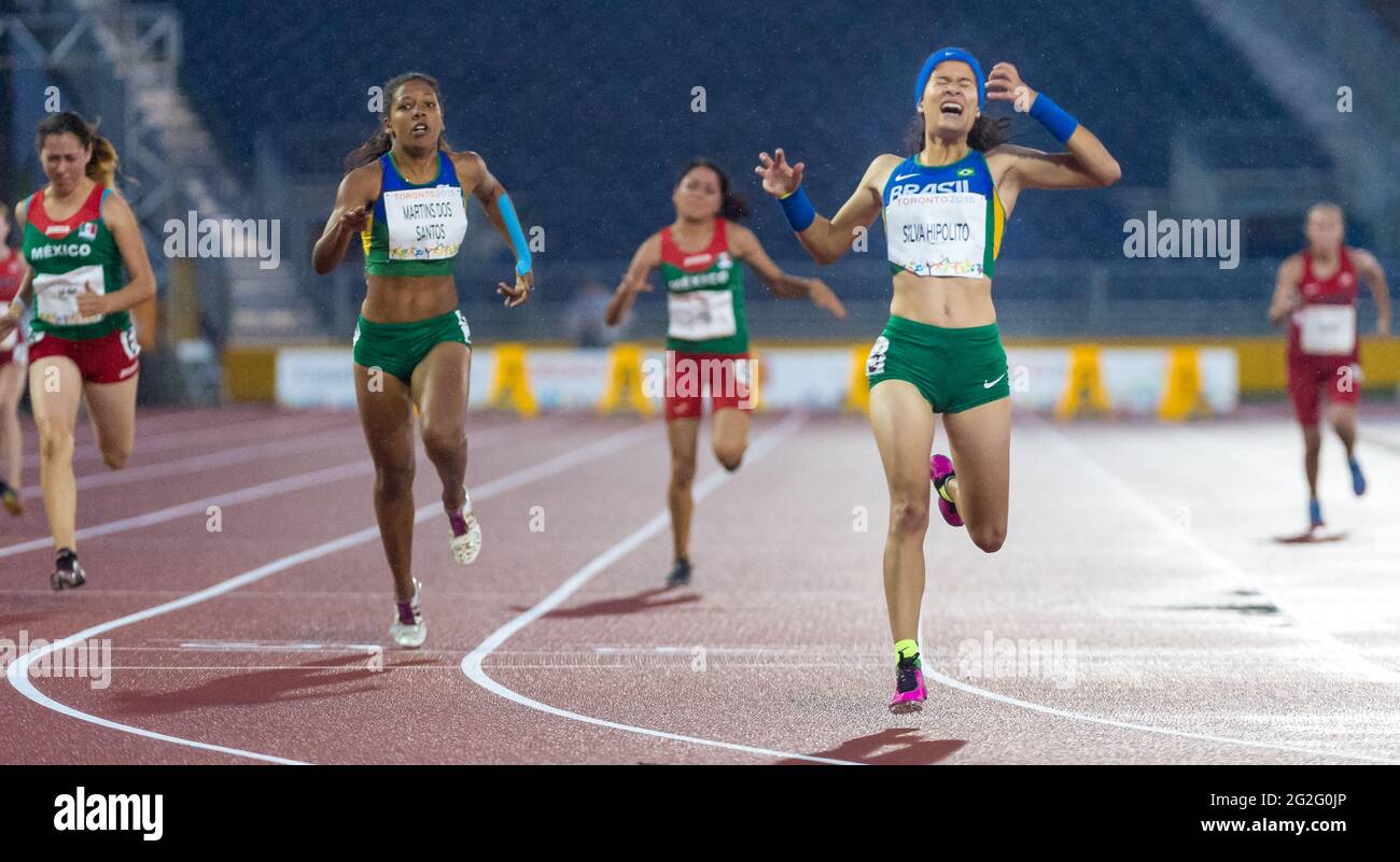Die brasilianische Athletin Veronica Silva Hipolito reagierte nach dem Sieg bei den Parapan American Games 2015. Die Parapan American Games 2015 c Stockfoto