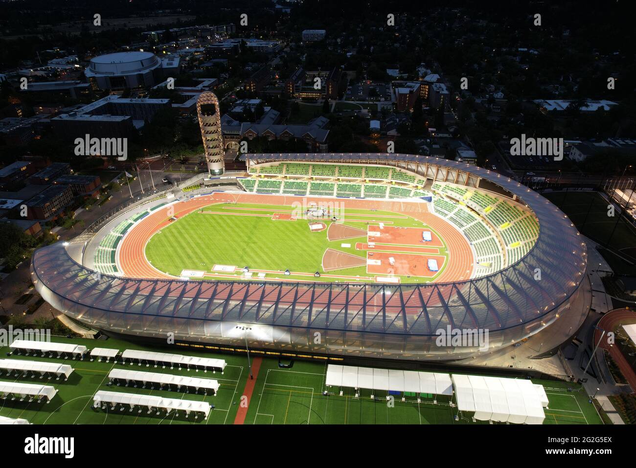 Eine Luftaufnahme des Hayward Field auf dem Campus der University of
