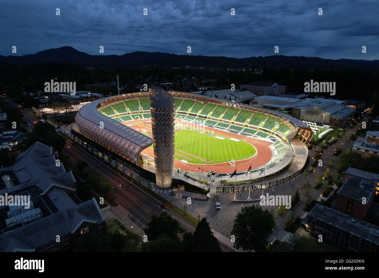 Eine Luftaufnahme des Hayward Field auf dem Campus der University of