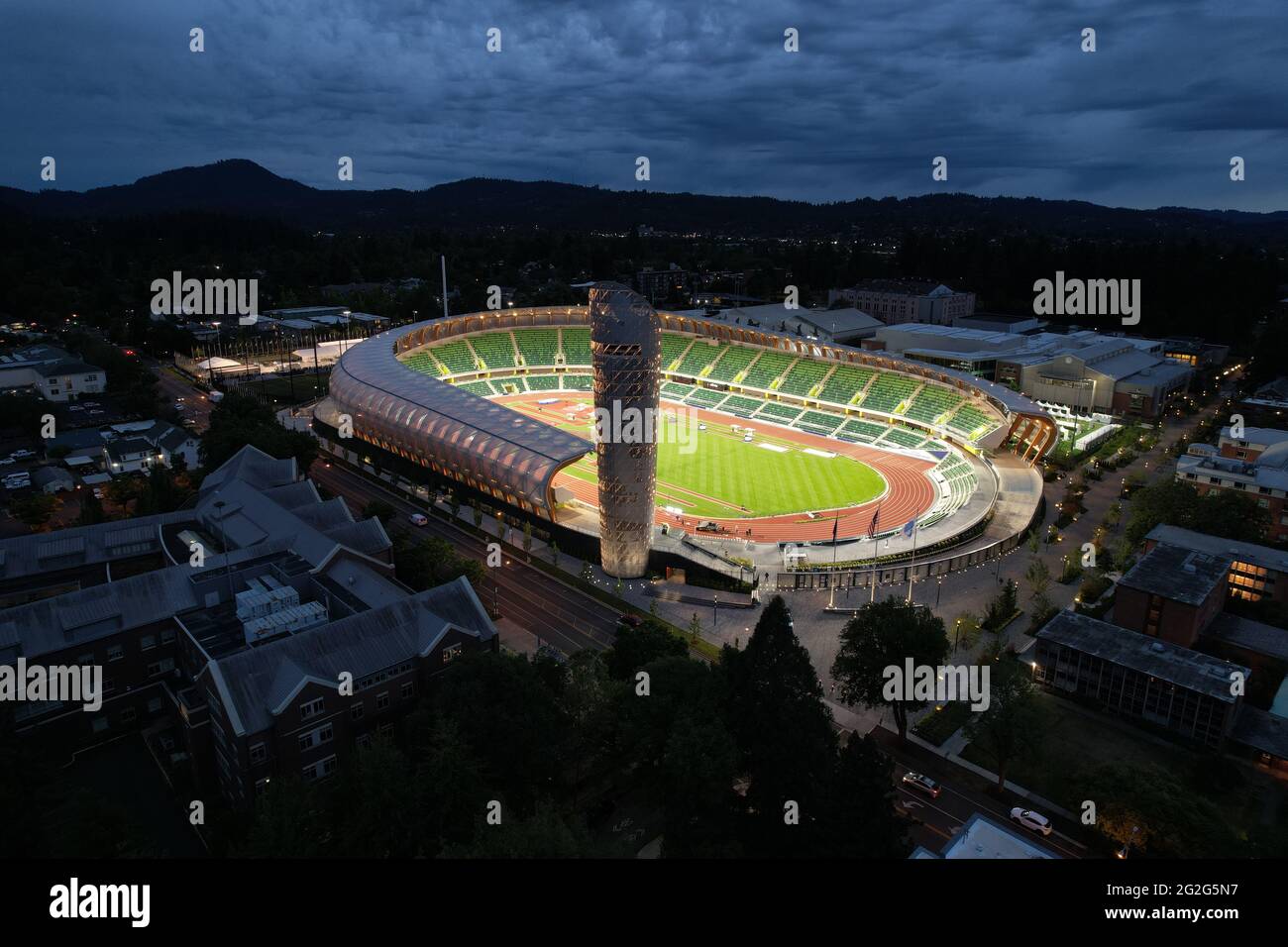 Eine Luftaufnahme des Hayward Field auf dem Campus der University of