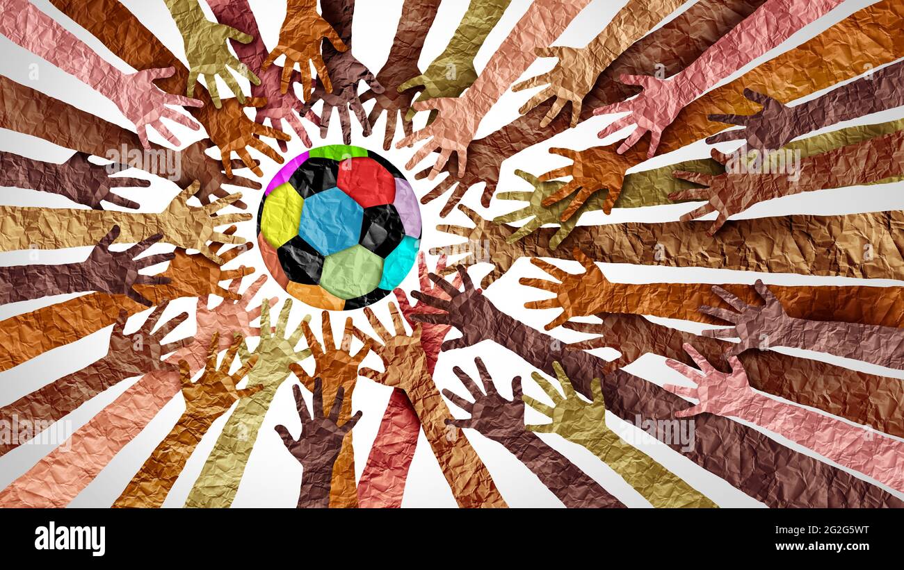 Global Soccer Einheit und Vielfalt Sportpartnerschaft als Herzenshände in einer Gruppe von Menschen, die als Unterstützungssymbol zusammengeschlossen sind. Stockfoto