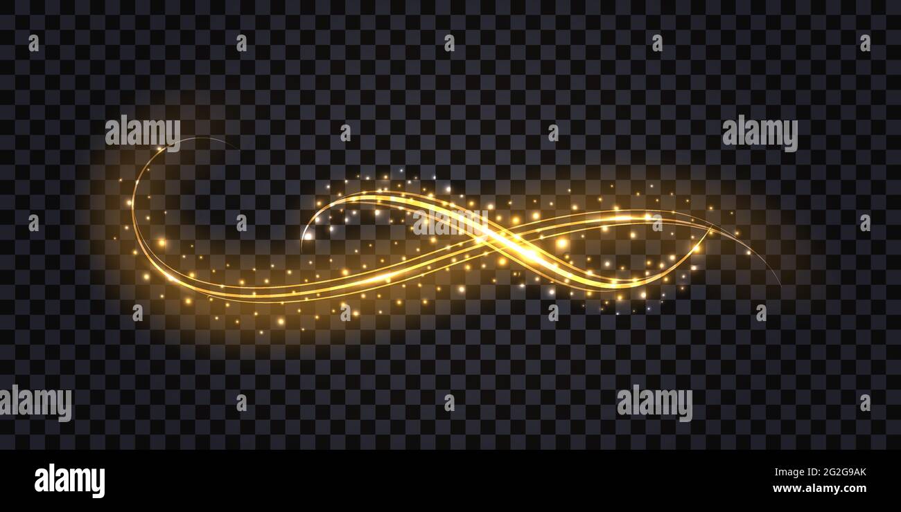 Goldene Glitzer-Wirbelwelle mit neon-leuchtendem Lichteffekt, glänzenden Funkeln und Sternenstaub, leuchtenden Partikeln. Golden Flourish isoliert auf dunkel transparent Stock Vektor