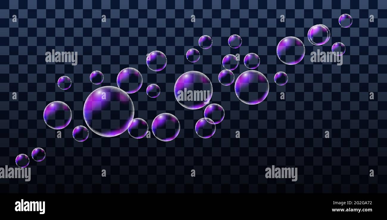 Realistische Seifenblasen, Satz von Designelementen isoliert auf transparentem Hintergrund. Vektorgrafik Stock Vektor