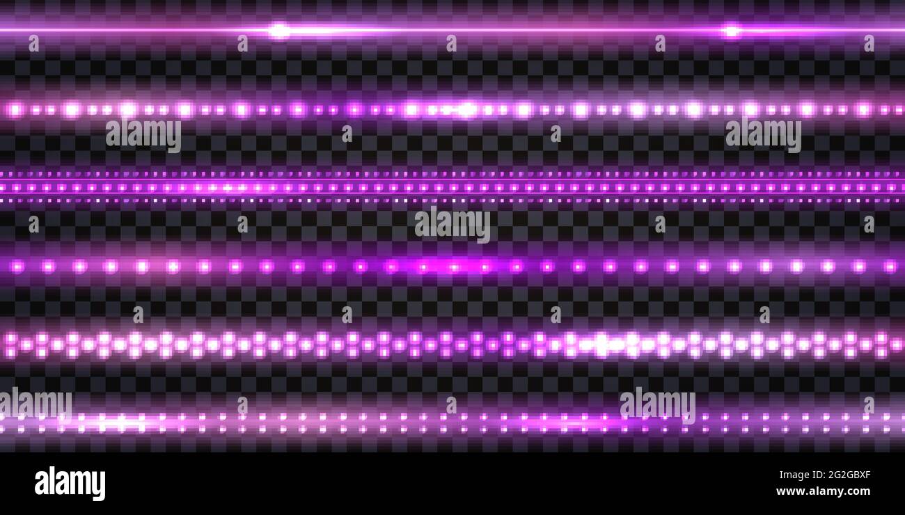 LED-Licht Girlanden mit Neon-Glow-Effekt, mit Glitzerlicht Satz von Linien beleuchtet Streifen und Wellen, isolierte Bänder auf transparentem Hintergrund. V Stock Vektor