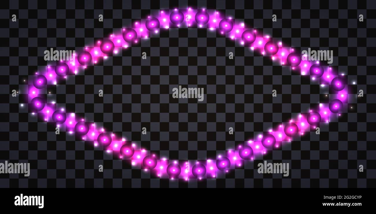 LED-Leuchtrahmen mit violettem Neon-Effekt. Dekorativer, leuchtender Rand auf dunklem, transparentem Hintergrund mit glänzendem, gepunktetem Diodenlicht isoliert. Vec Stock Vektor