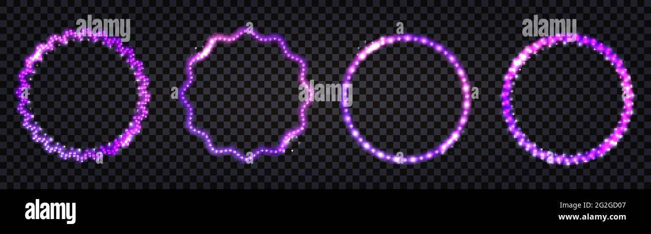 LED-Leuchtrahmen mit violettem Neonlicht-Effekt. Leuchtend glänzende Bordüren, runde Girlanden, isoliert auf dunklem transparenten Hintergrund. Disco-Design, Stock Vektor