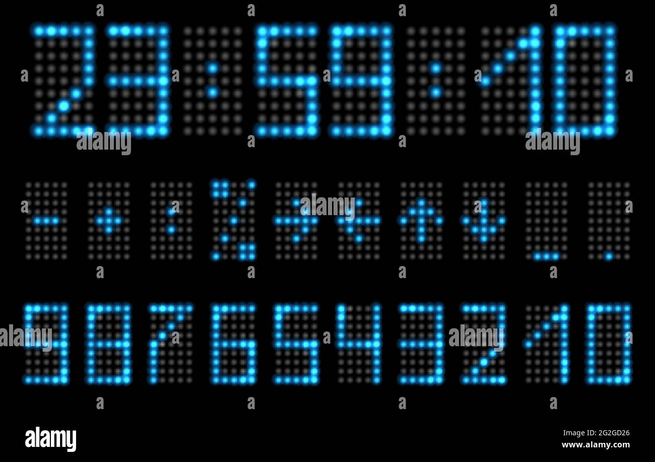 LED-Zahlen mit blauem Neon-Effekt. Digitale Zeitschaltuhr oder Uhr mit fluoreszierendem Glanz. Satz von Ziffern und Sonderzeichen, die auf Schwarz isoliert sind Stock Vektor