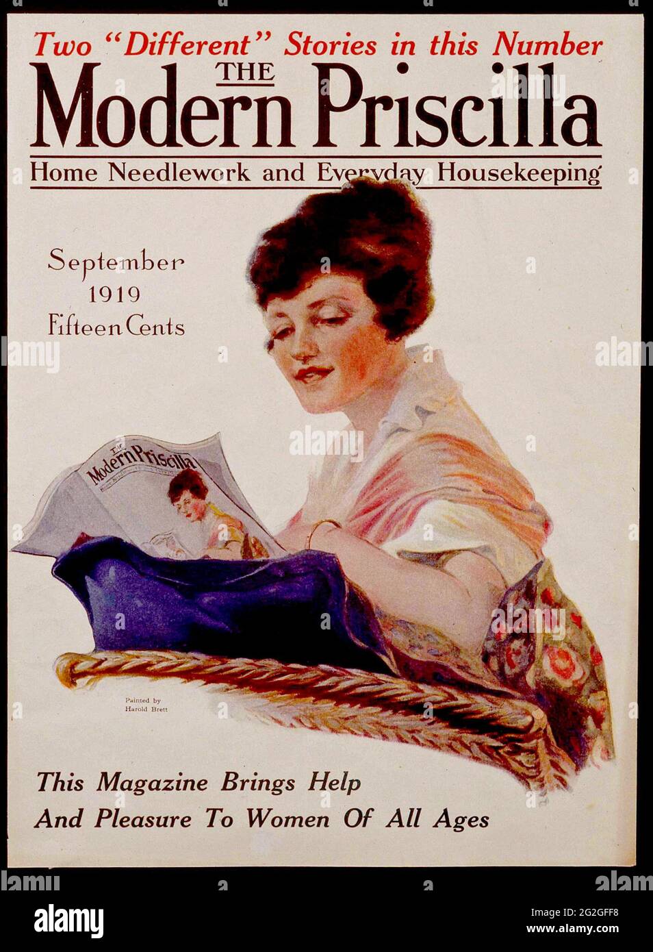 Werbung für das Vintage-Frauenmagazin „The Modern Priscilla“, September 1917, das sexistische Werbung fördert. Stockfoto