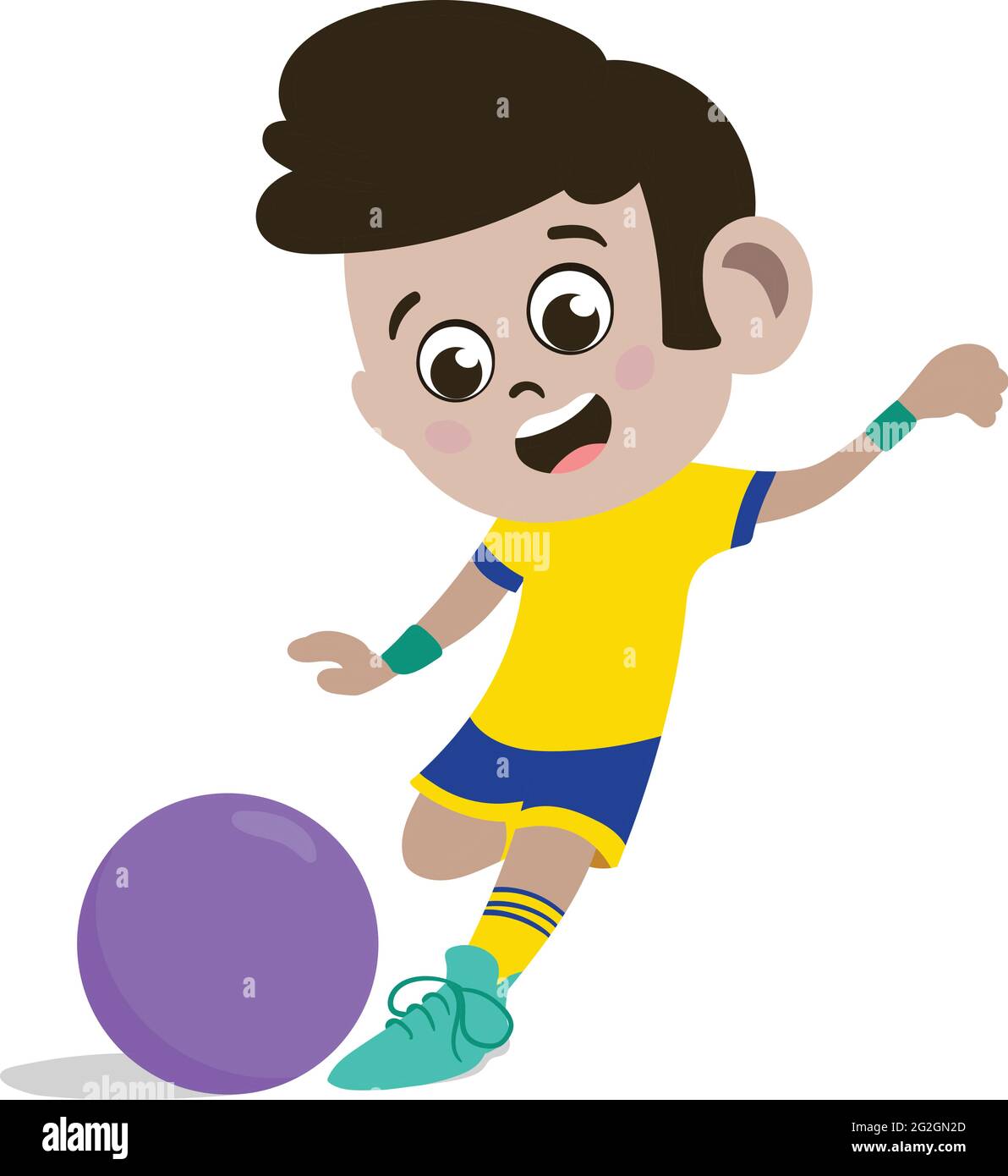 Ein niedliches & entzückendes Kind Charakter im Cartoon-Stil. Kindergarten Vorschule Kind als professioneller Fußballspieler gekleidet. Kleines Kind spielt mit Fußball. Stock Vektor