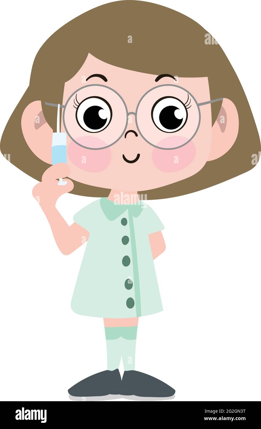 Ein niedliches und entzückendes Kind Charakter im Cartoon-Stil. Kindergarten Vorschule Kind als professionelle Krankenschwester gekleidet. Kleines Mädchen Kind hält Spritze. Stock Vektor